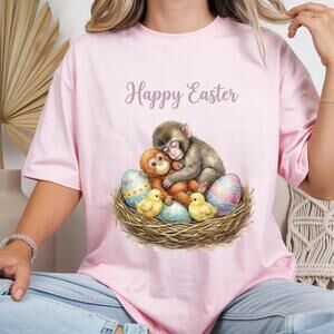 Baby Monkey Punch Happy Easter Tee, Nest With Chicks And Eggs T-Shirt